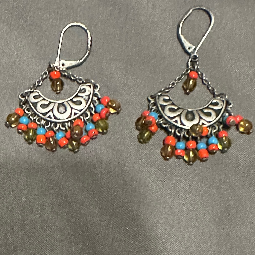 Bohemian Silver-Tone Earrings with Coral, Turquoise and Olive Beads
